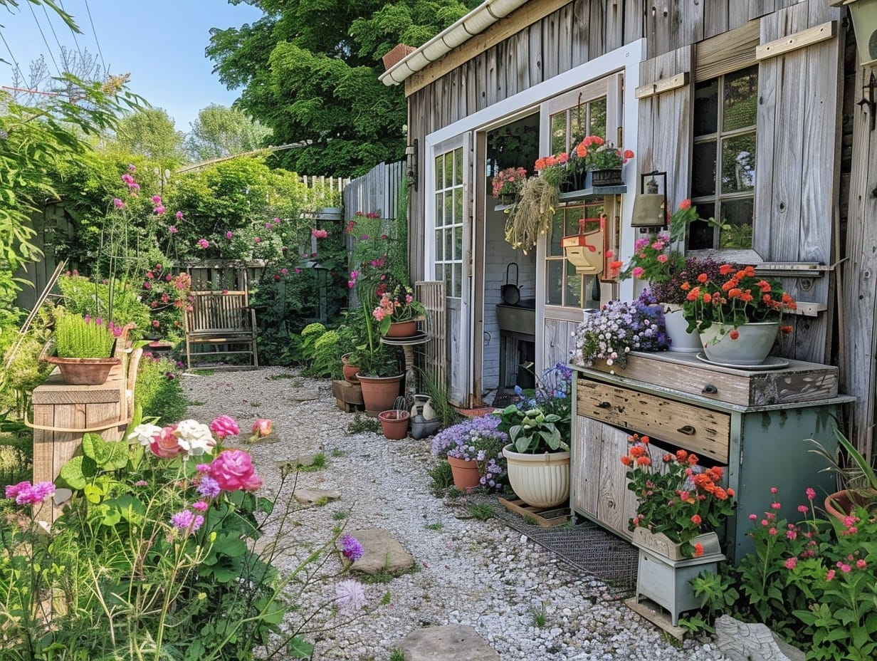 A farmhouse flower garden decorated with vintage items