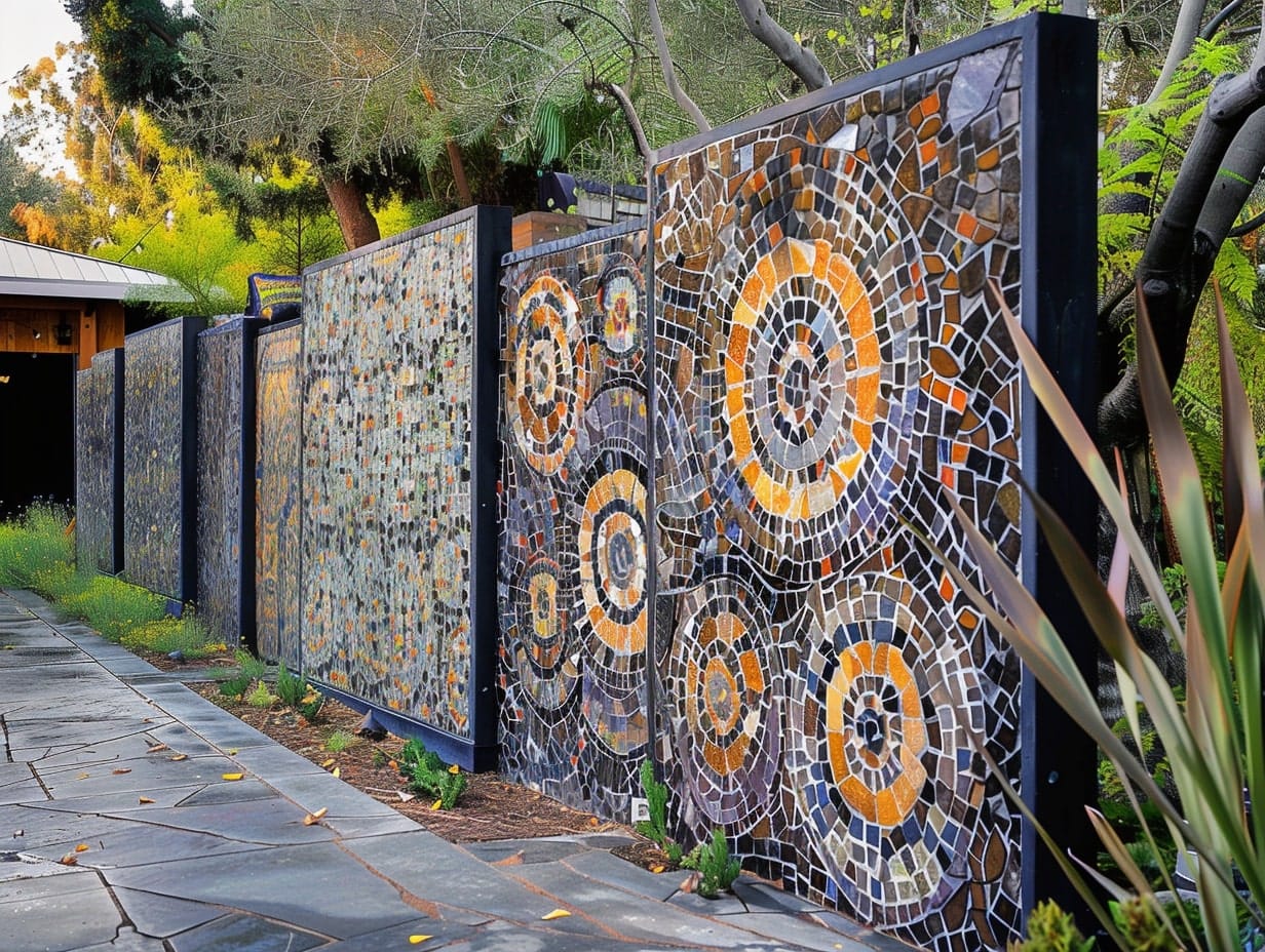 Mosaic tile decor used to build an artistic garden fence