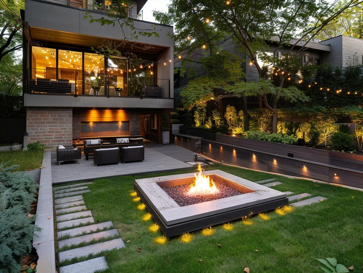 A modern garden fire pit outlined with string lights
