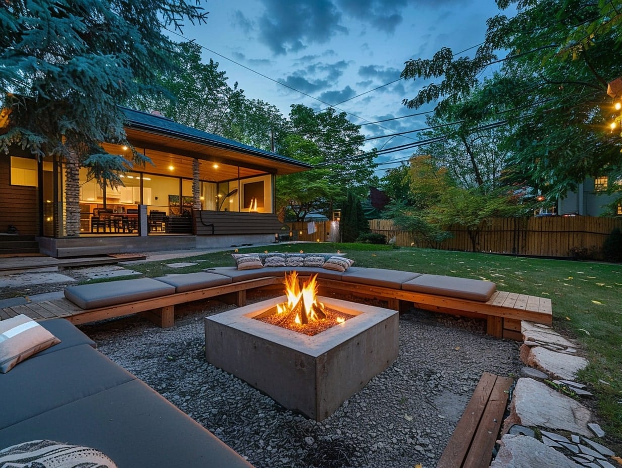 A garden comprising a concrete fire pit and seating area around it