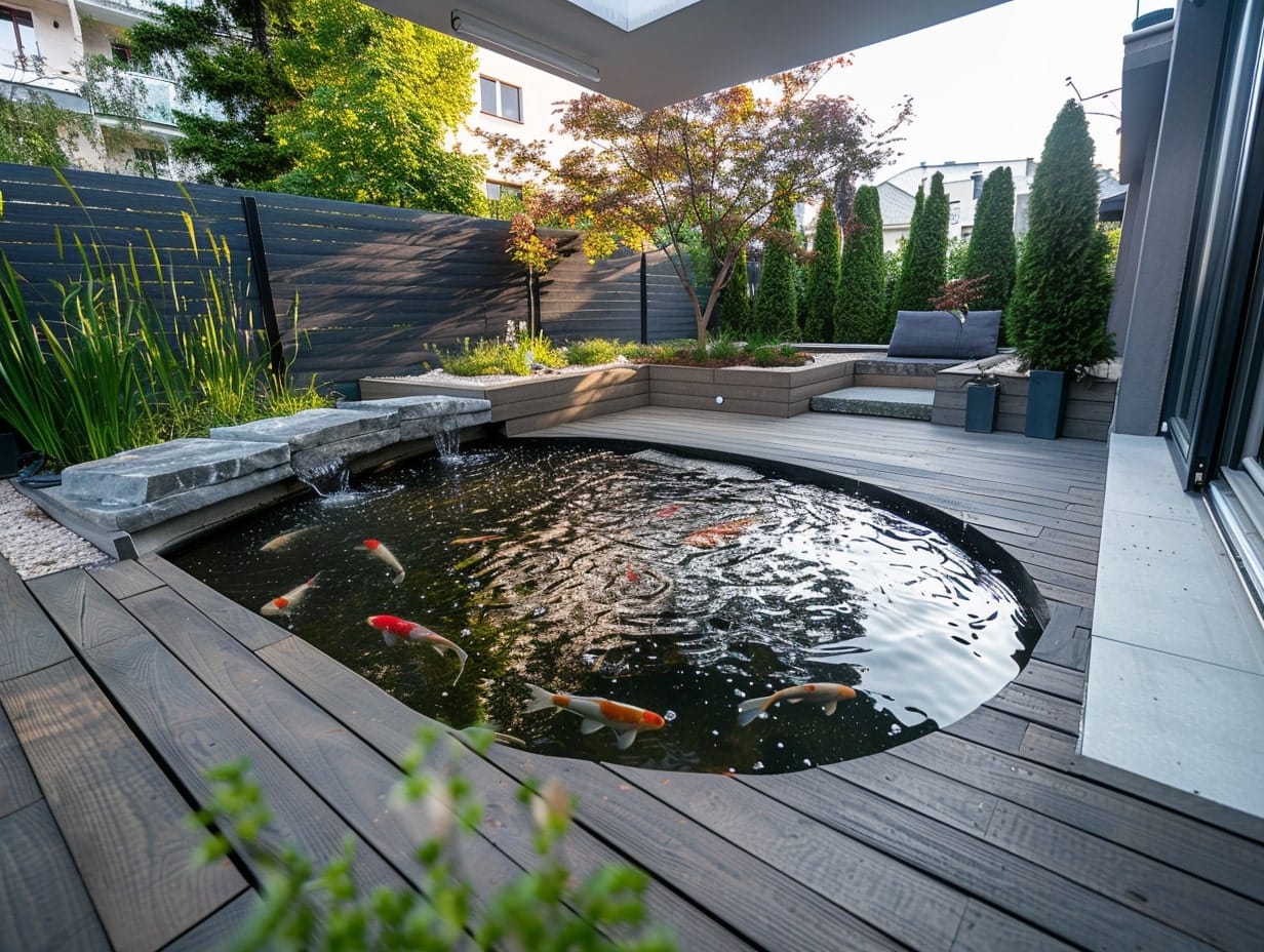 A fish pond decorating a garden setting