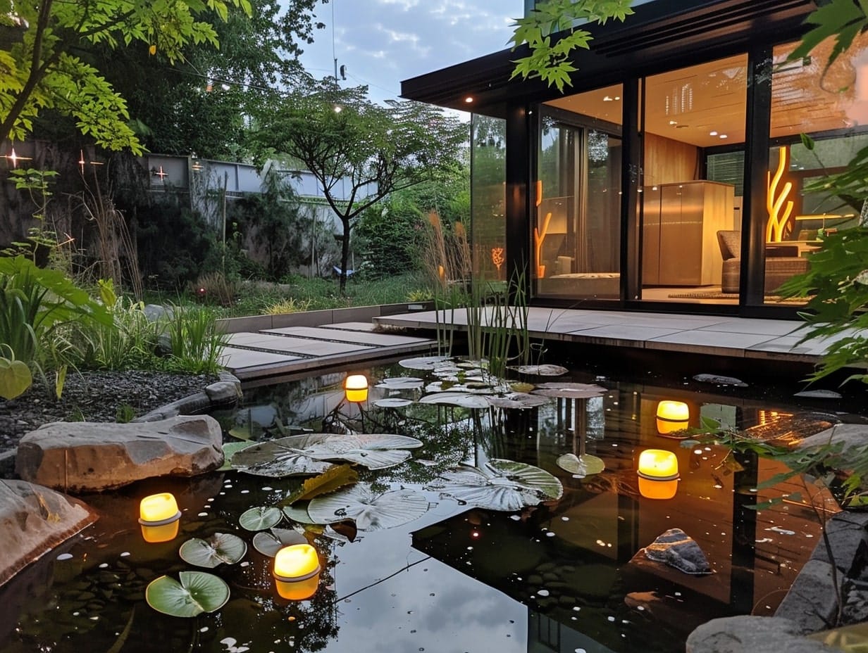 A small pond is a garden illuminated with floating lights