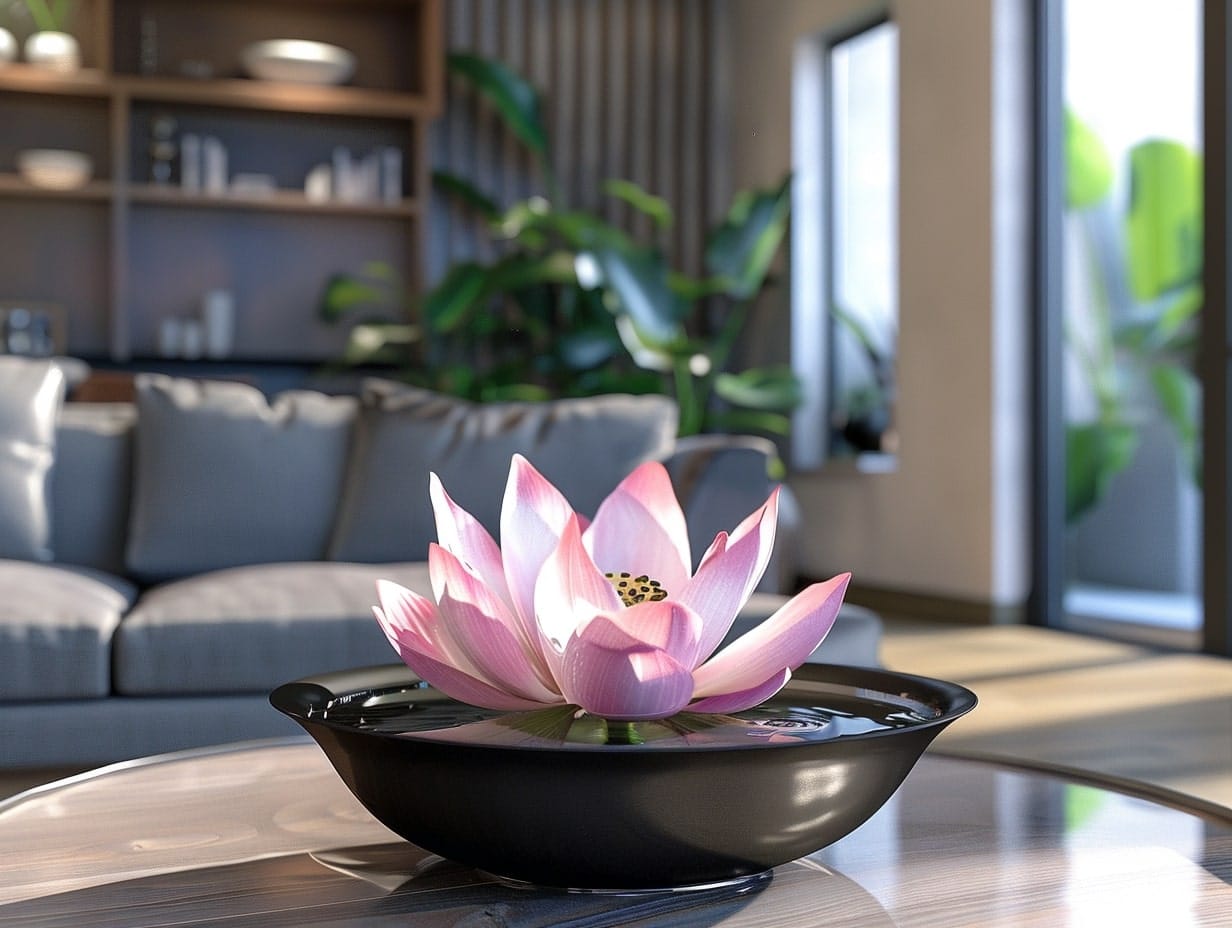 A water bowl with a floating lotus