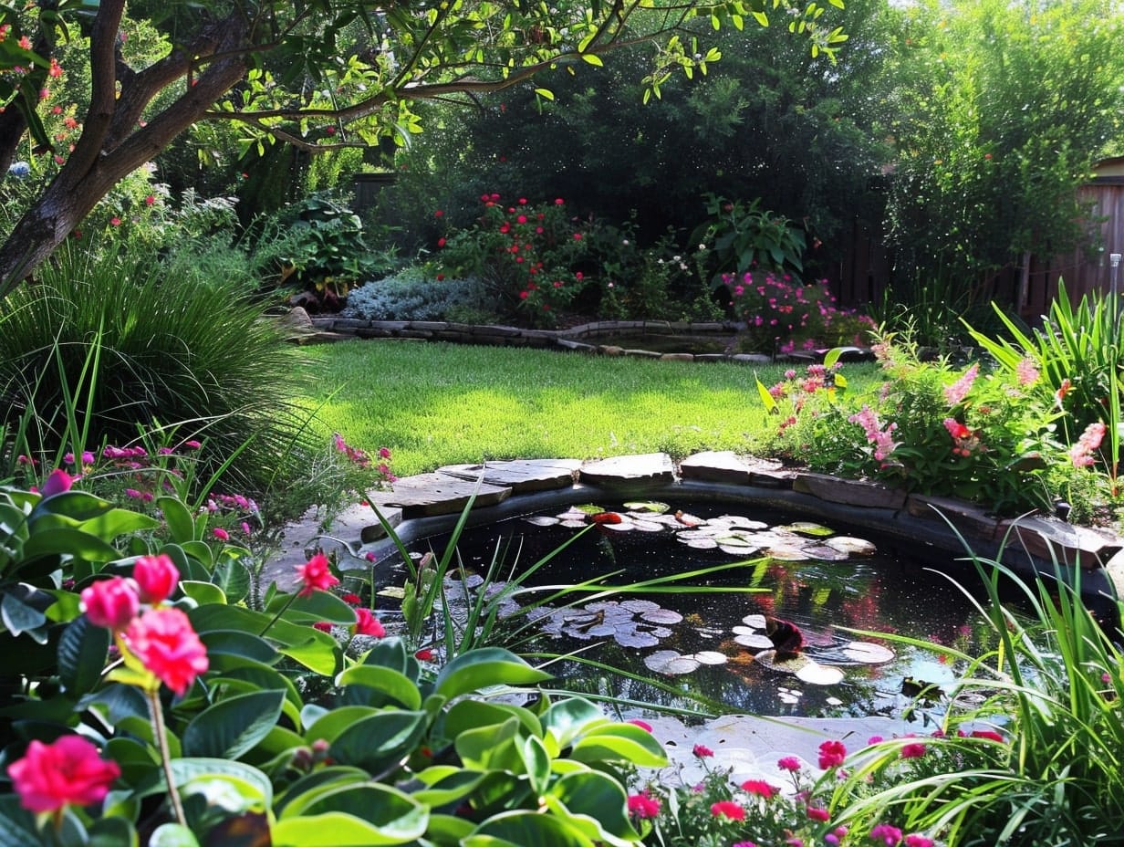 Flowers planted around a garden pond