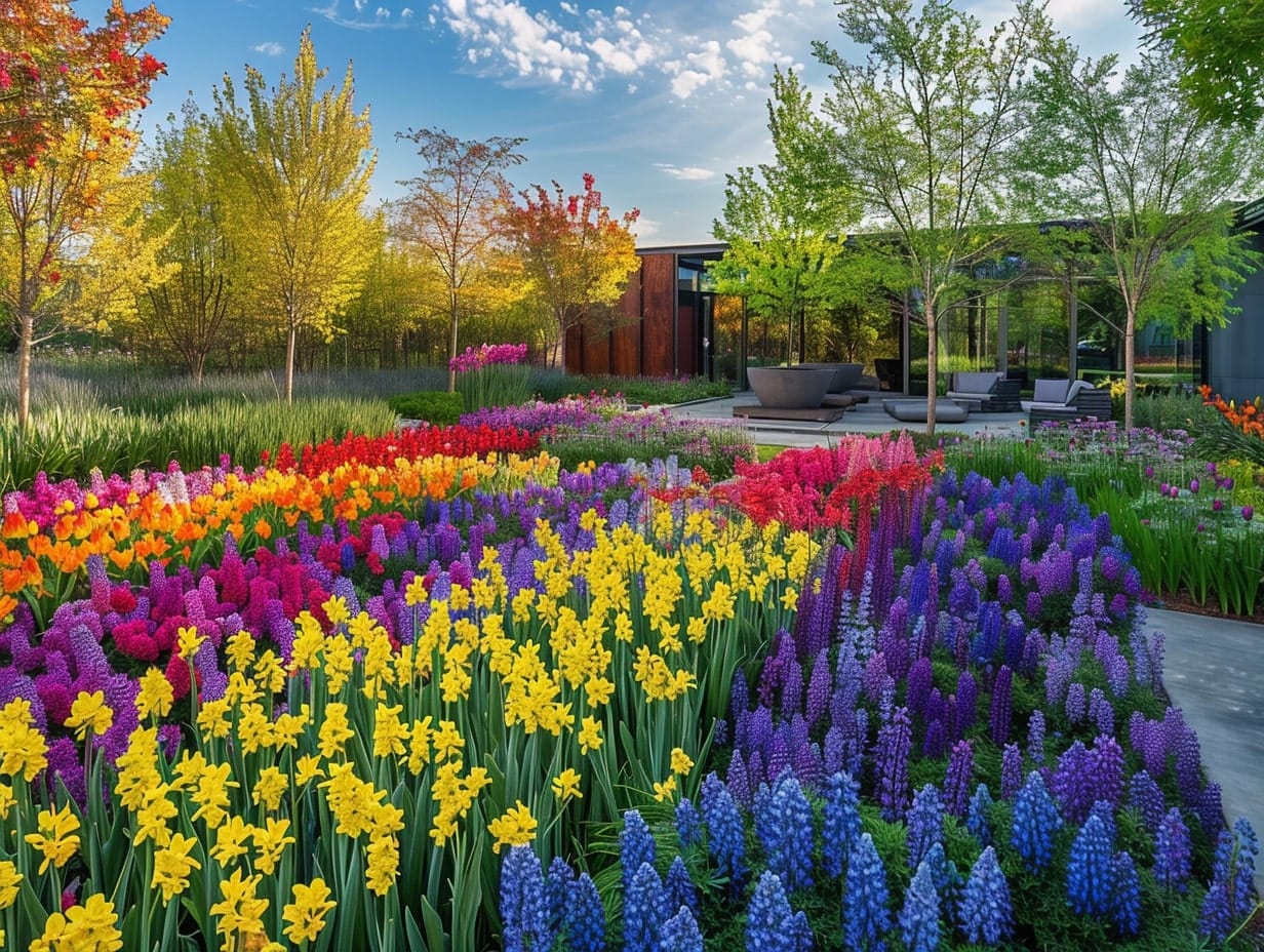 Flowers planted in rows for a rainbow effect