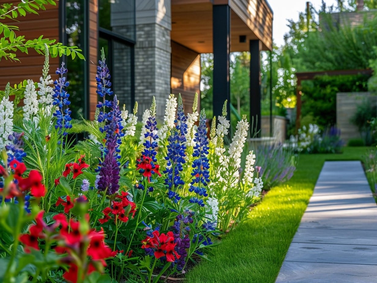 A garden comprising blue, red and white flowers