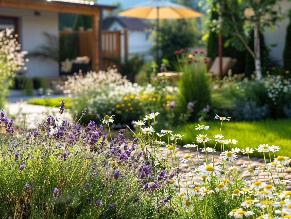 A garden with medicinal flowers like chamomile and lavender