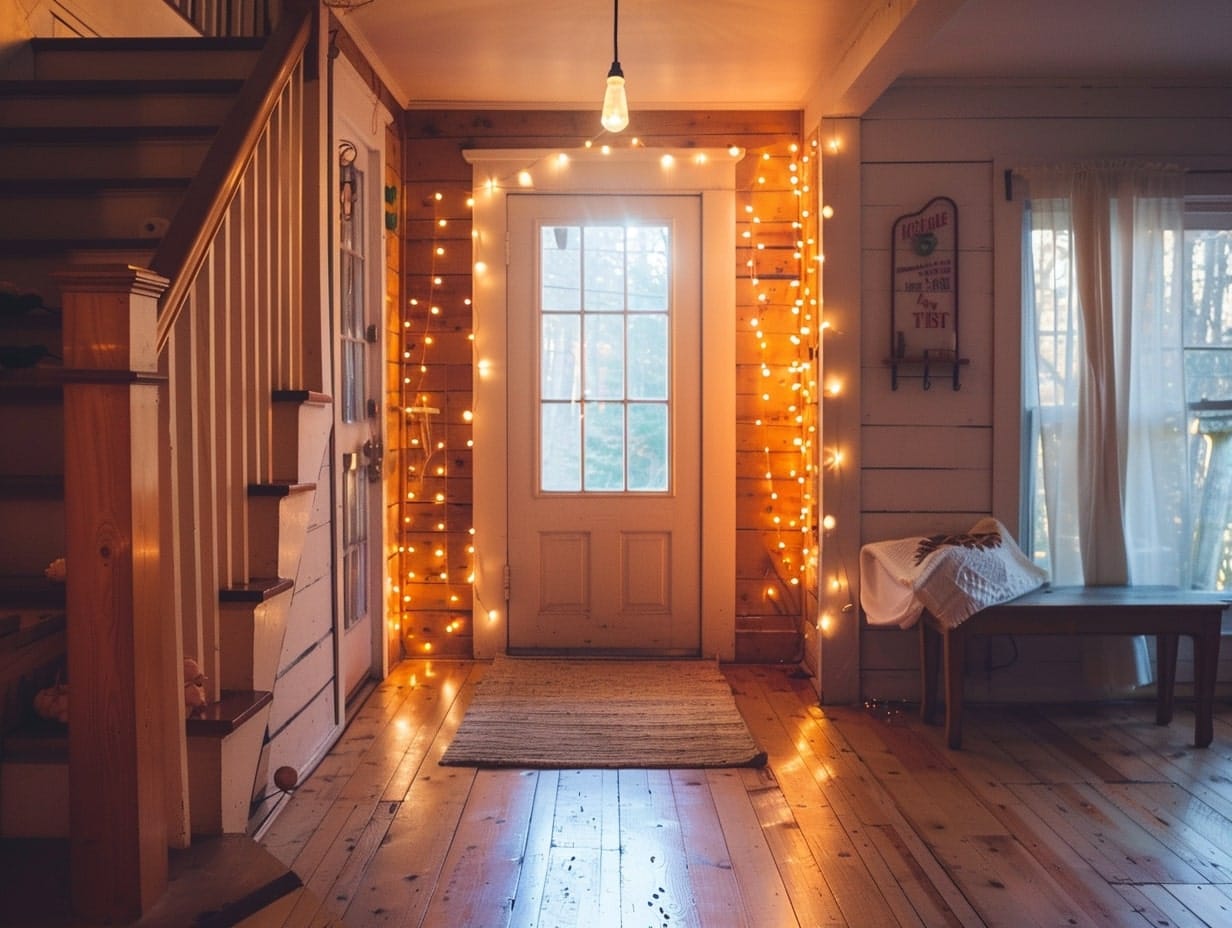 A foyer entrance decorated with string lights