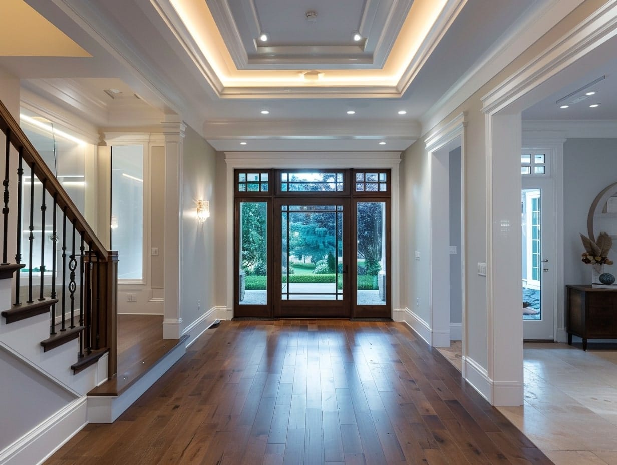 LED strip lights illuminating a foyer ceiling