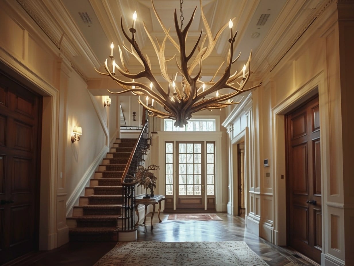 A large antler chandelier hanging from a foyer ceiling