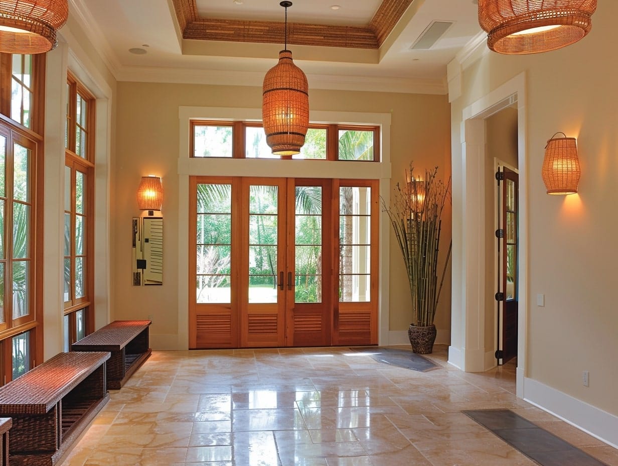 Bamboo pendant lights hanging from a foyer ceiling