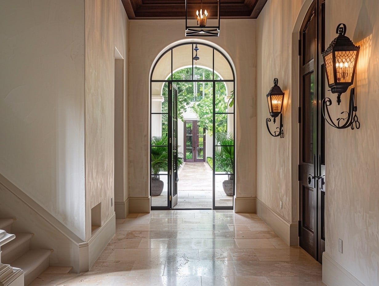 Black metal lanterns installed on a foyer wall