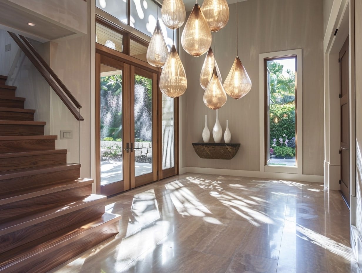 Blown glass pendant lights hanging from a foyer ceiling