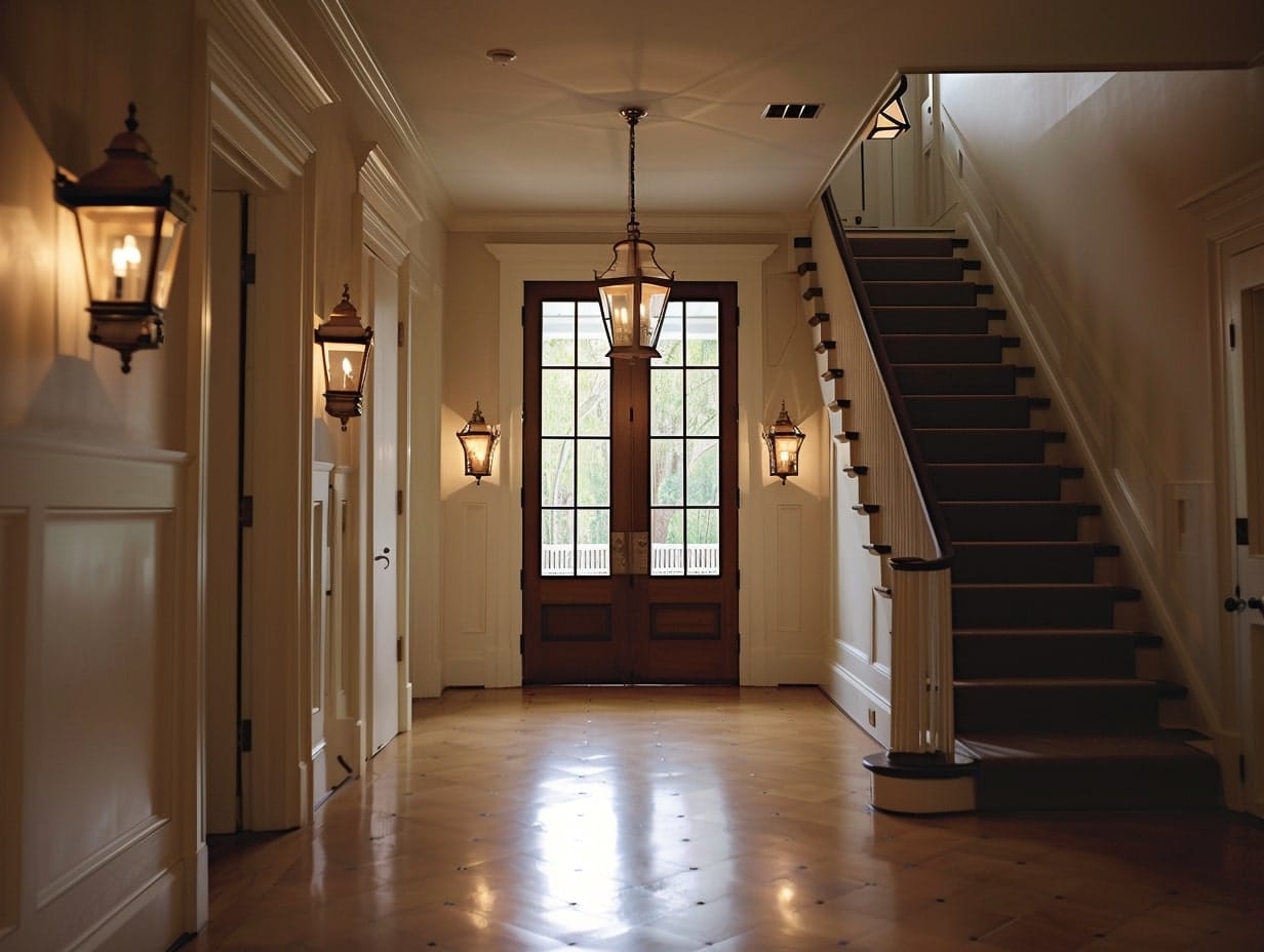 Vintage brass lanterns hanging from a foyer ceiling