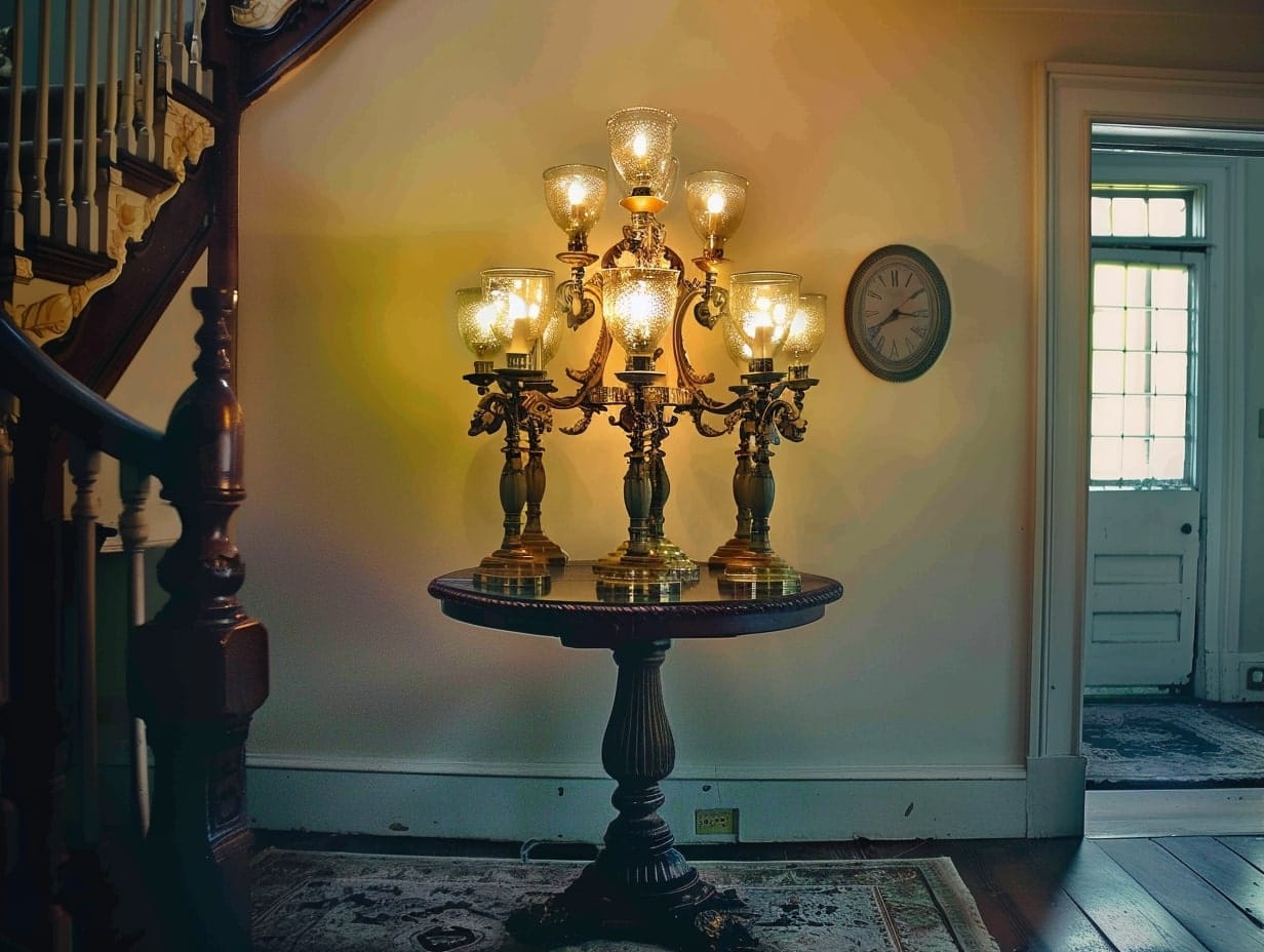 A candelabra installed on a foyer table