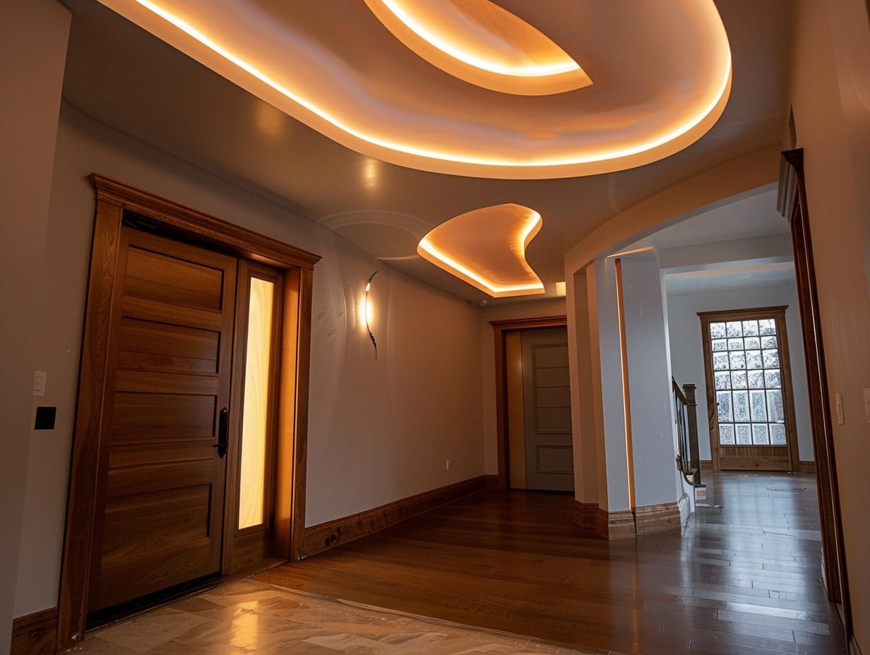 A foyer ceiling decorated with rope lights