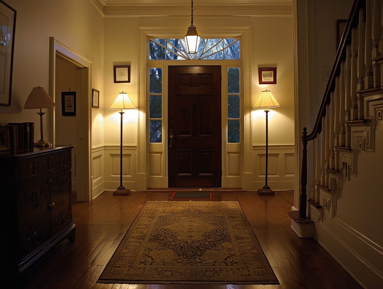 Floor lamps illuminating a foyer area