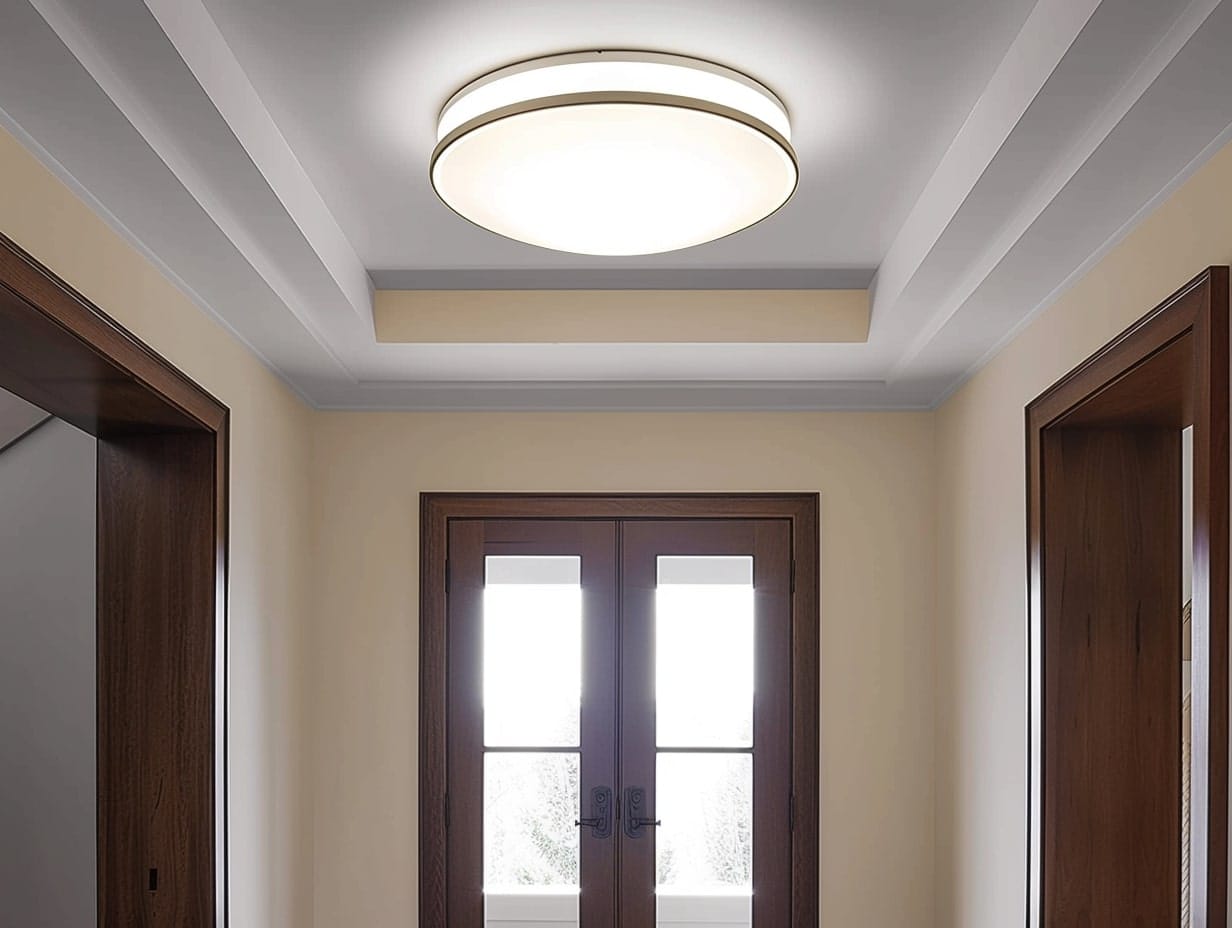 A flush mount fixture installed on a foyer ceiling