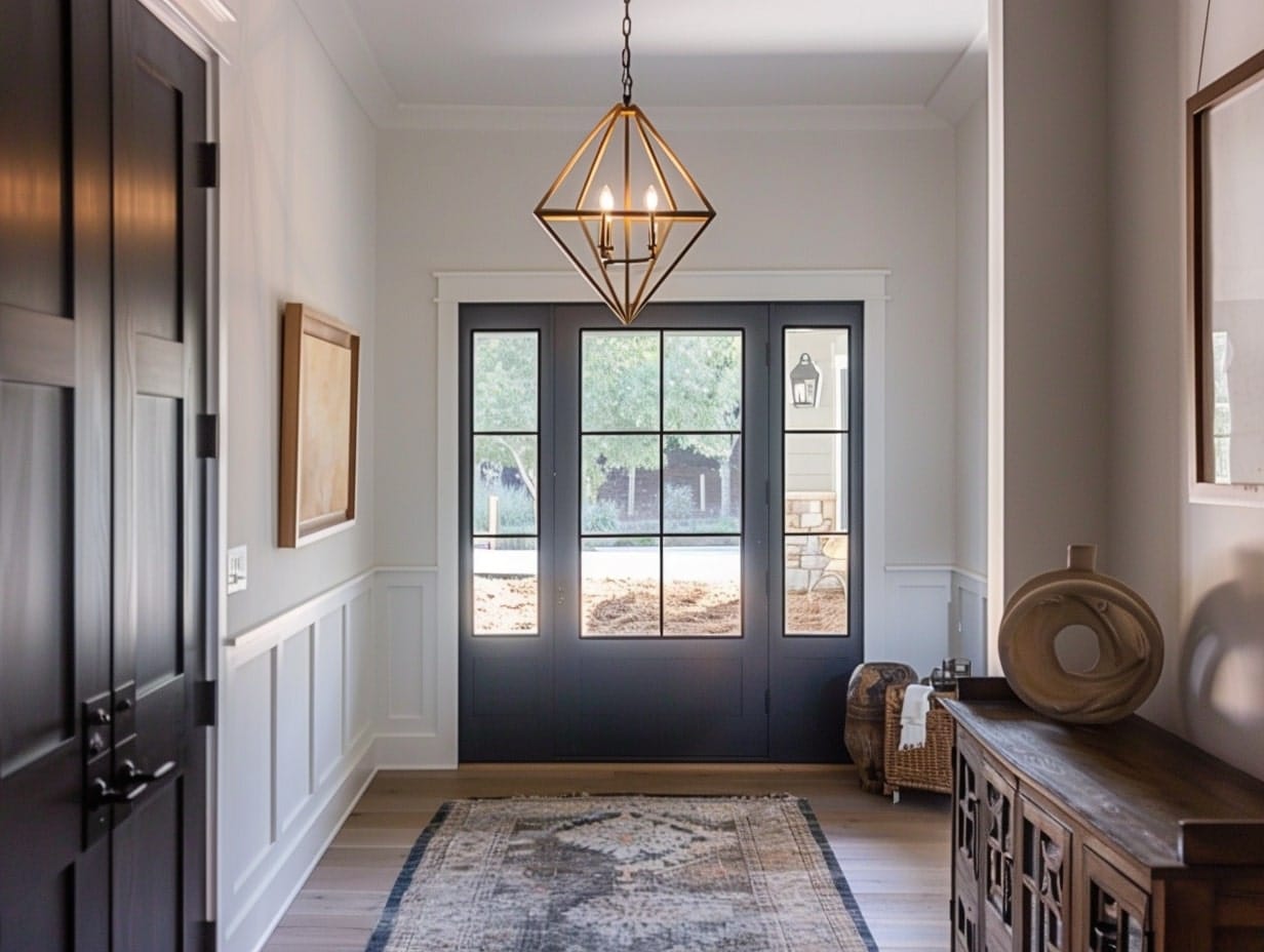 A geometric cage pendant light hanging from a foyer ceiling