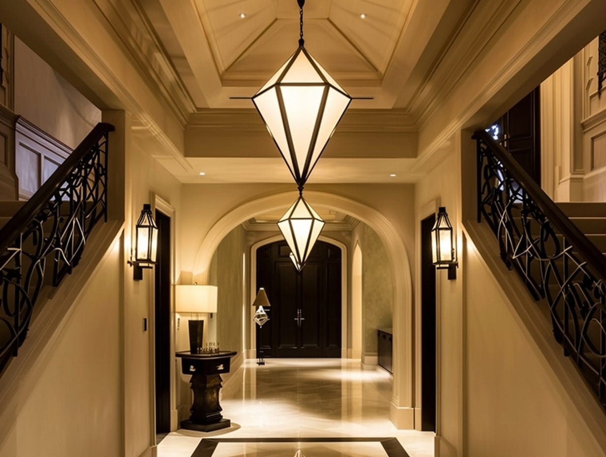 A geometric cage pendant light hanging from a foyer ceiling