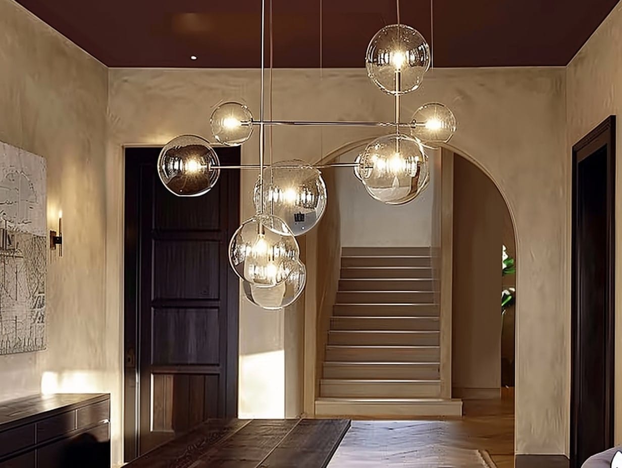 A glass bubble chandelier hanging from a foyer ceiling