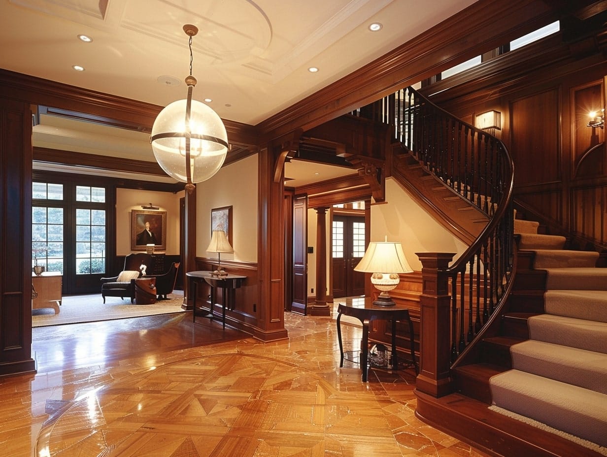 A large globe pendant light hanging from a foyer ceiling