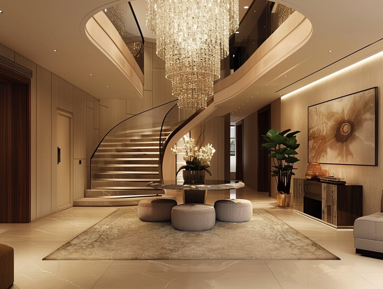 A grand crystal chandelier hanging in a home's foyer