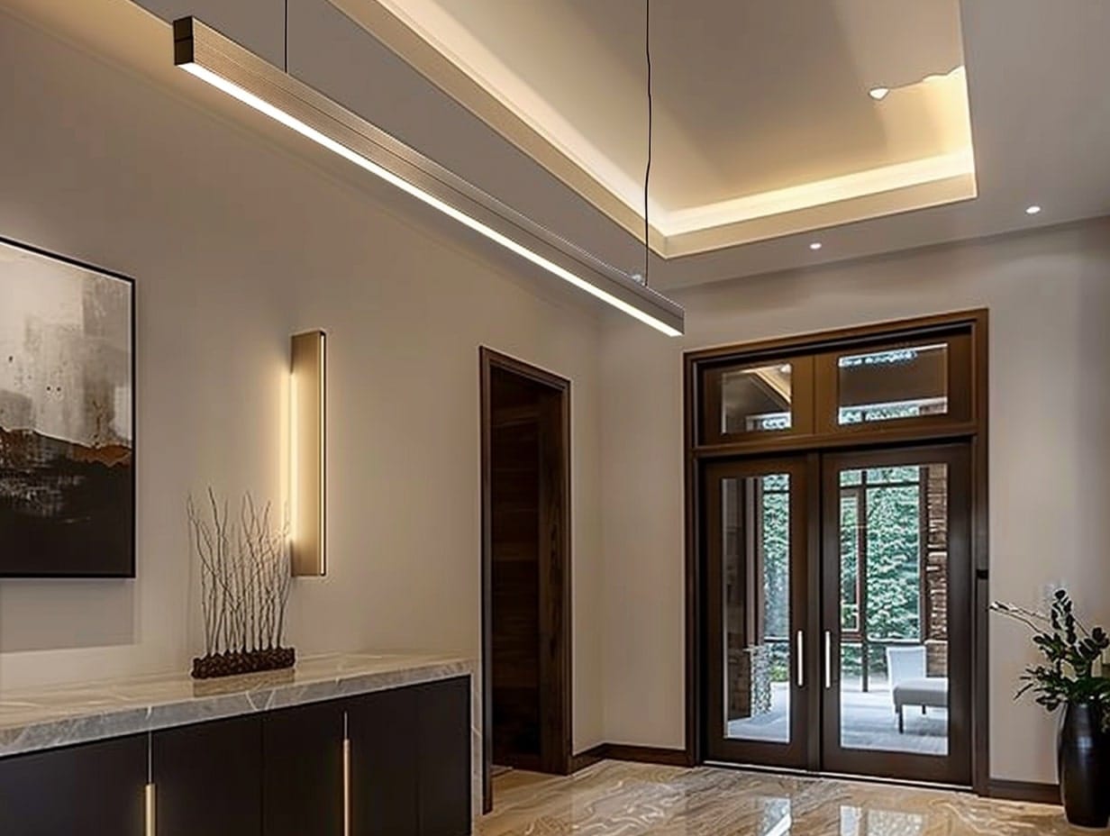 Linear suspension light hanging from a foyer ceiling