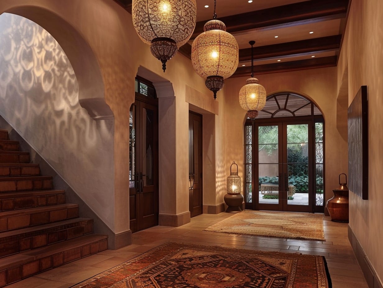 Moroccan metal lanterns hanging from a foyer ceiling