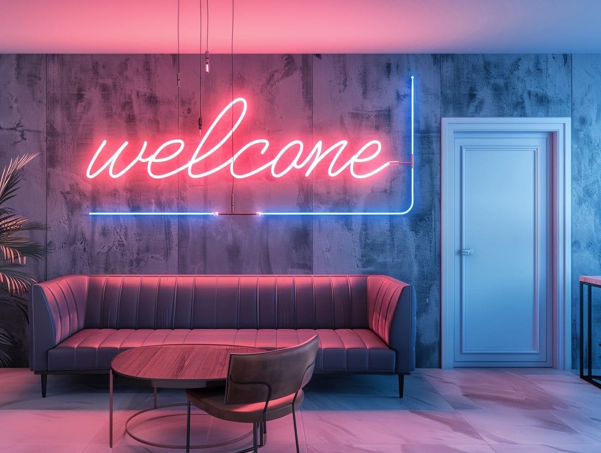 A neon sign installed on a foyer wall with the message "Wecone"