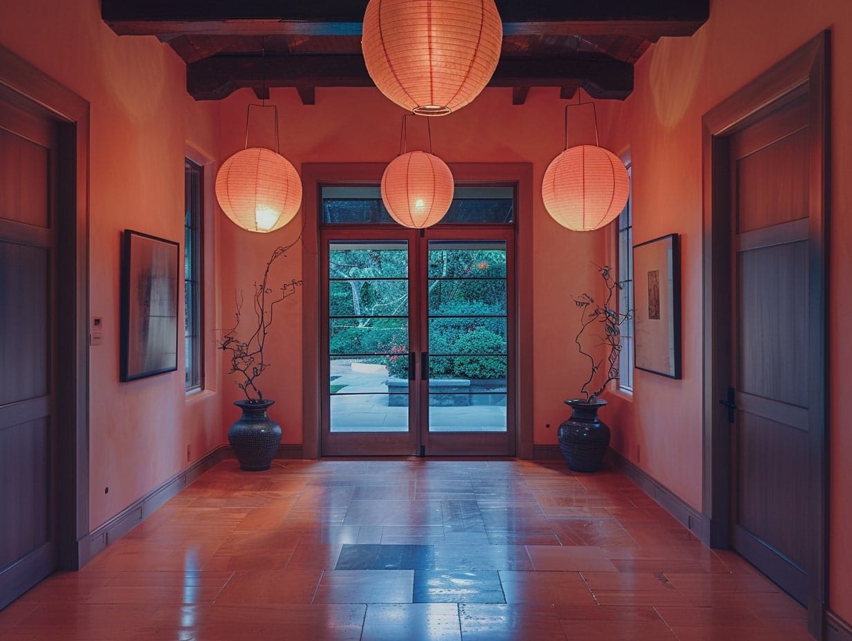 Large paper lanterns hanging from a foyer ceiling