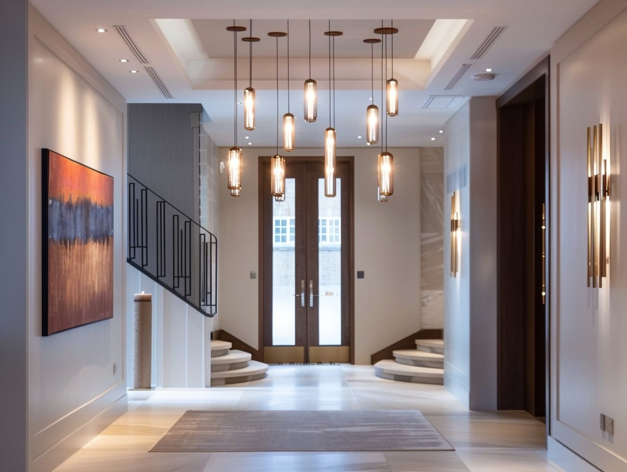 Pendant lights of different heights hanging from a foyer ceiling