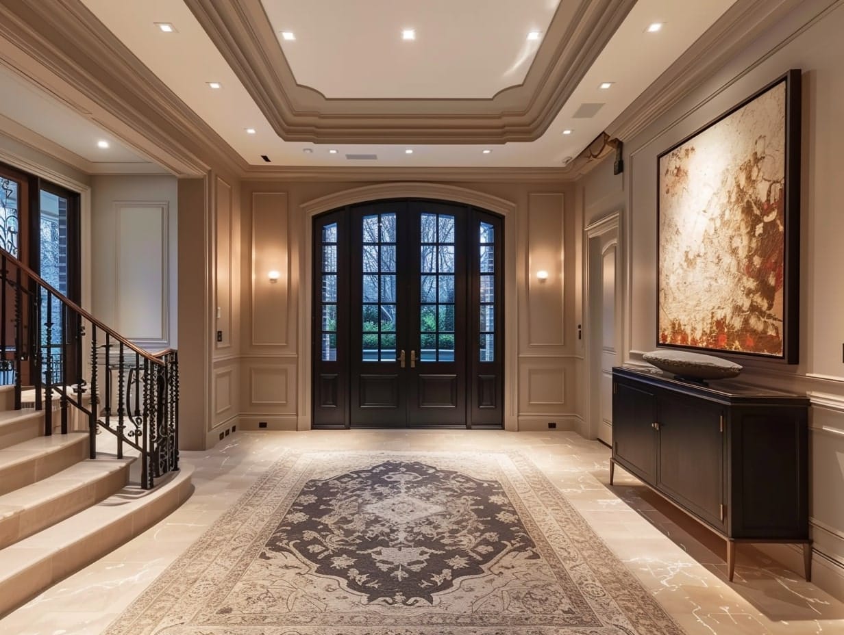 Recessed lights integrated into the foyer ceiling