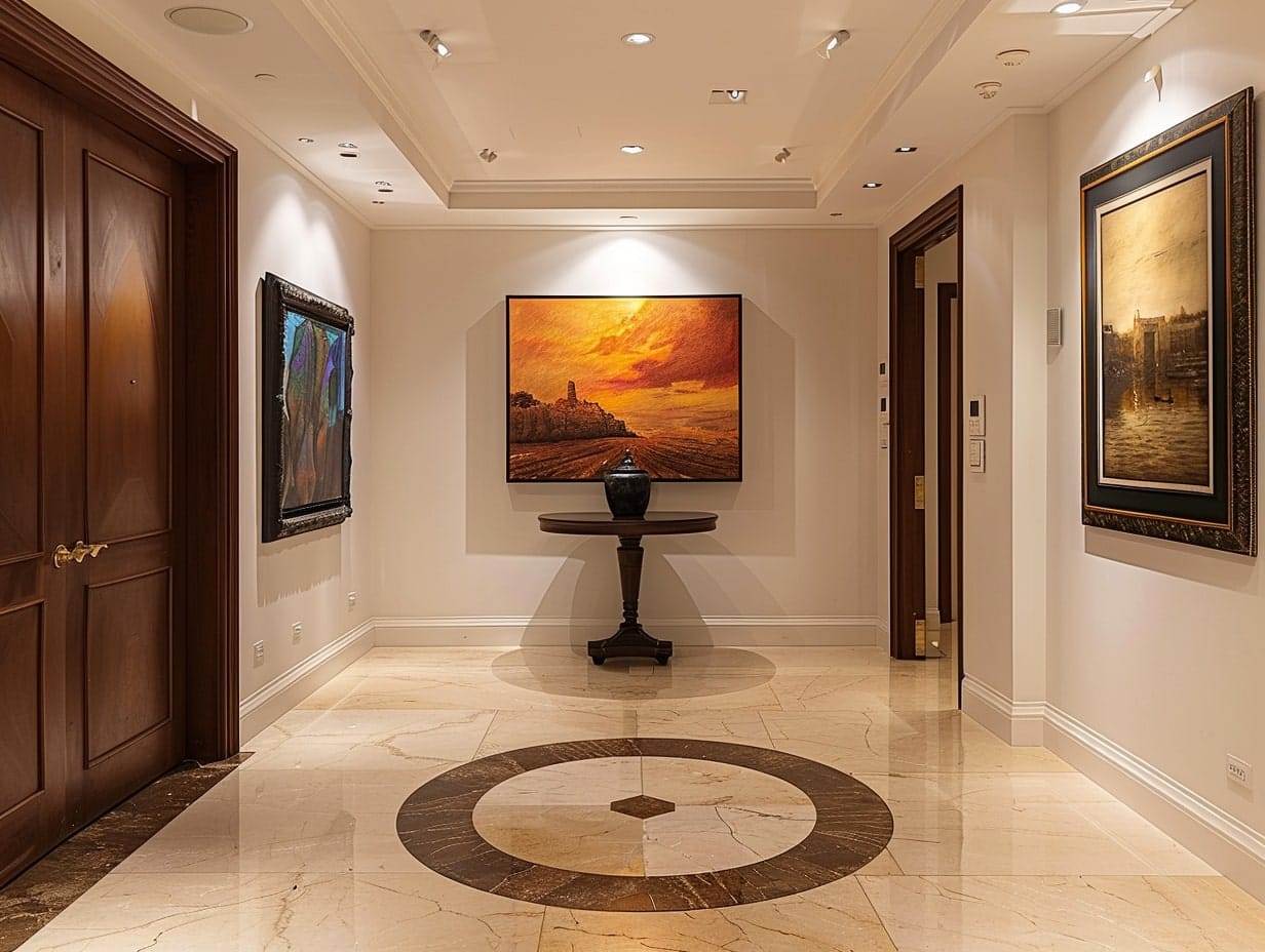 LED spotlights highlighting a painting on the foyer wall