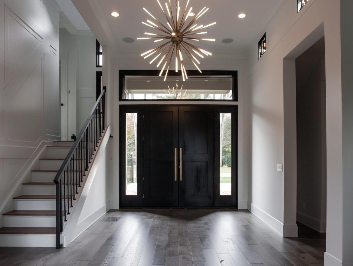 A sputnik chandelier installed in a foyer area