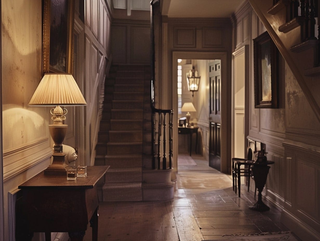 A rustic table lamp illuminating a foyer area