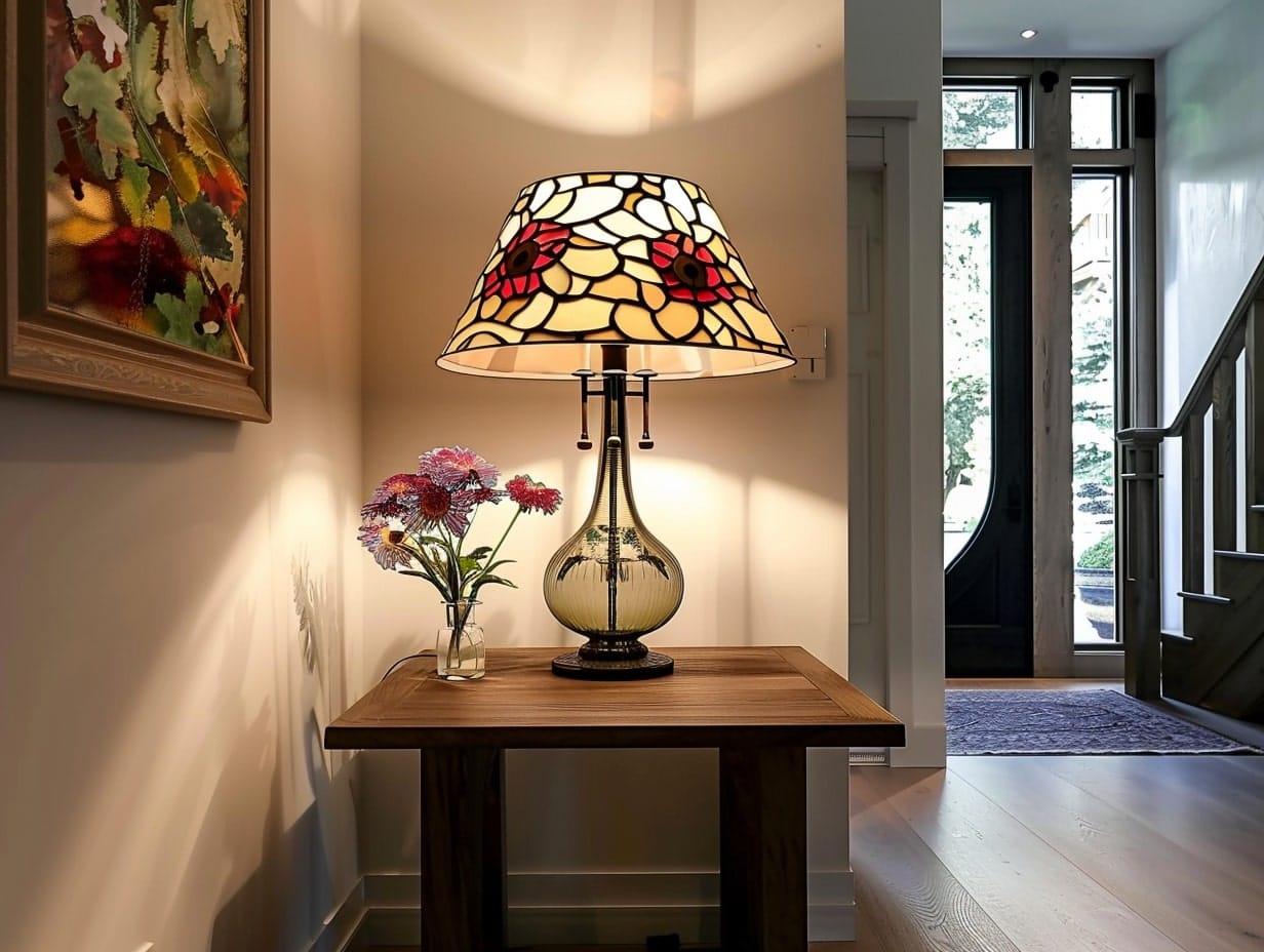 A Tiffany-style table lamp decorating a foyer area