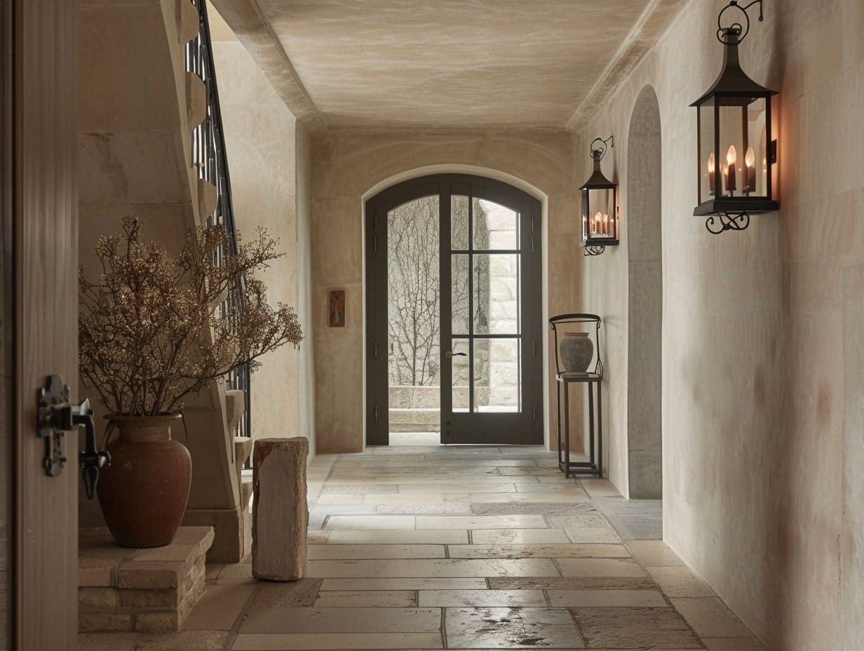 Vintage lanterns installed on foyer walls