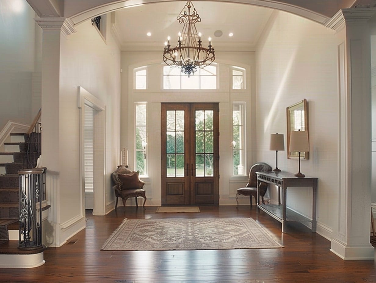 A wagon wheel chandelier hanging from a foyer ceiling