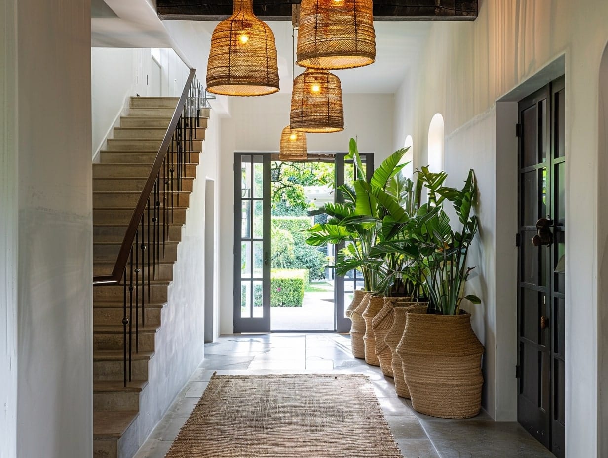 Woven pendant lights hanging from a foyer ceiling