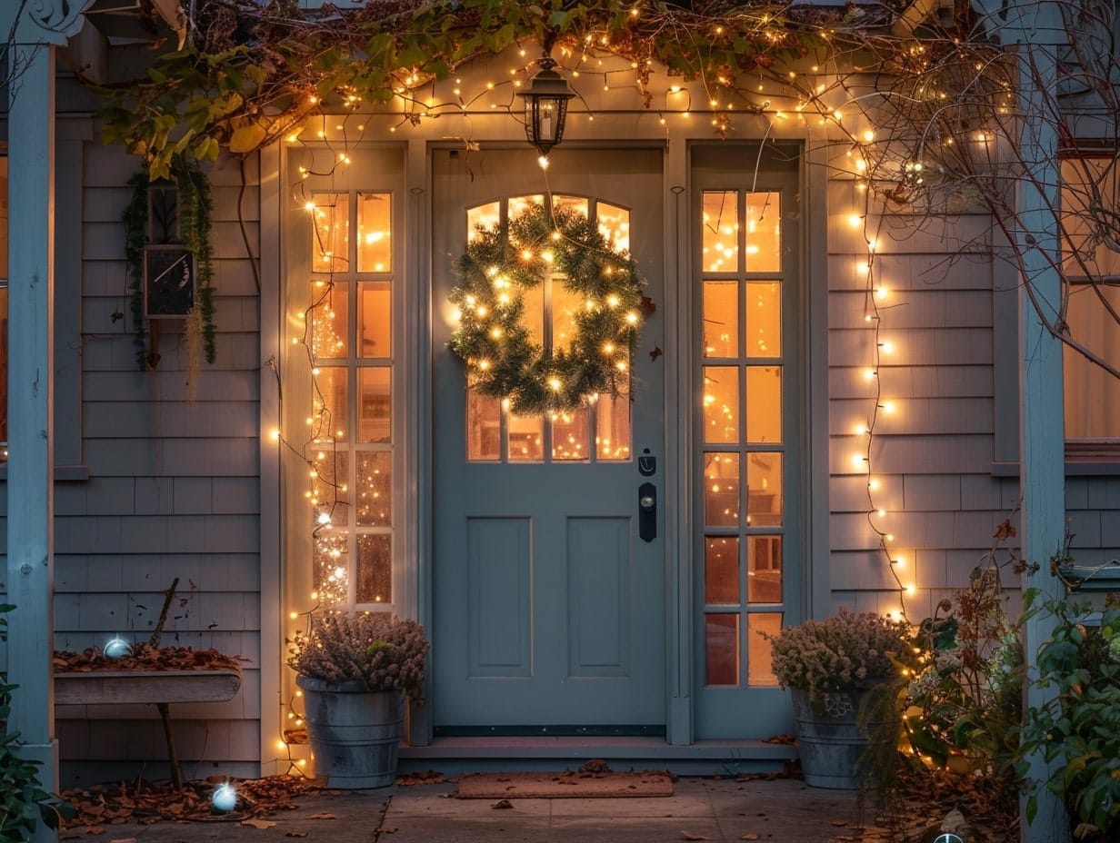 A front door decorated with string lights