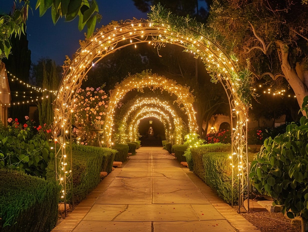 A garden archway decorated with multiple strands of warm white string lights