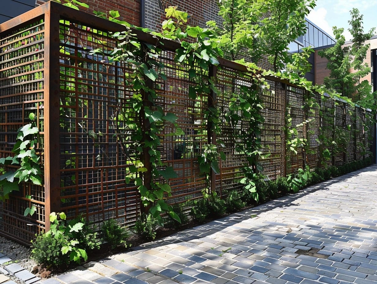 Garden trellises with climbing plants for a living fence