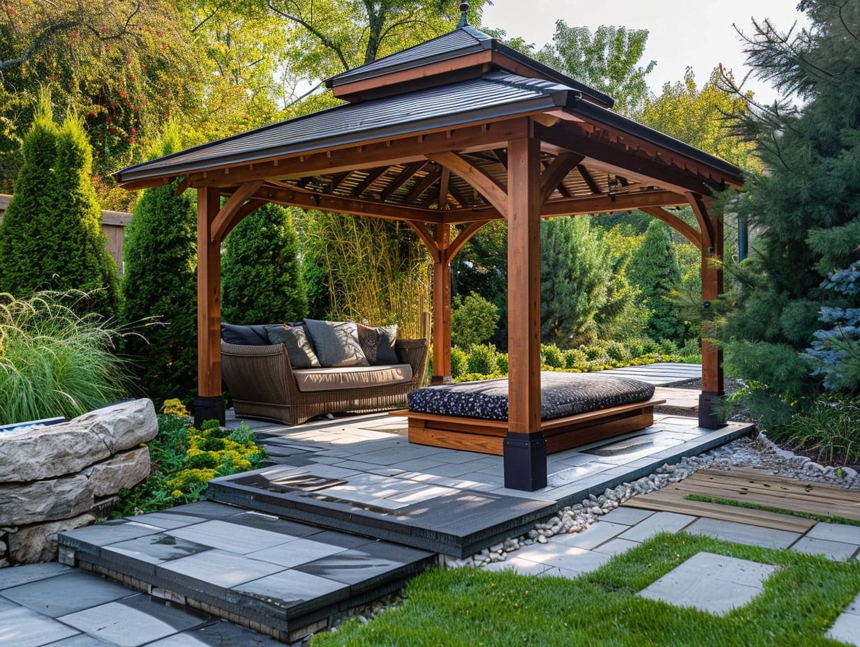 A gazebo constructed in a garden for group meditation