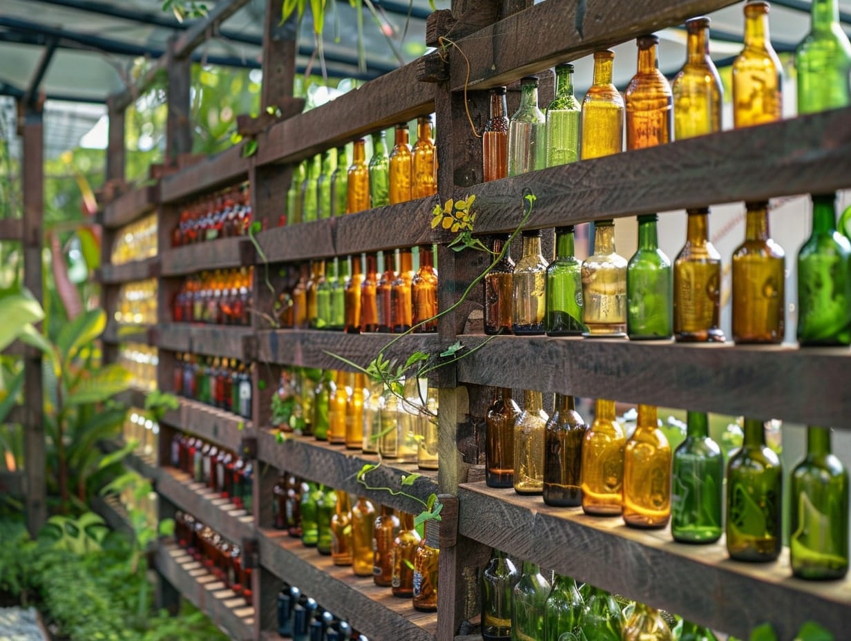 A wooden garden fence with colorful garden bottles