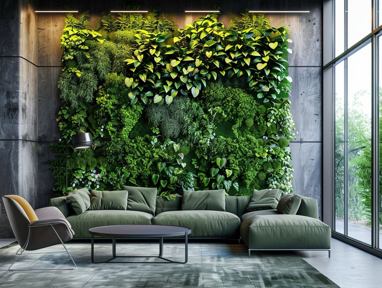 A huge vertical garden on a living room wall