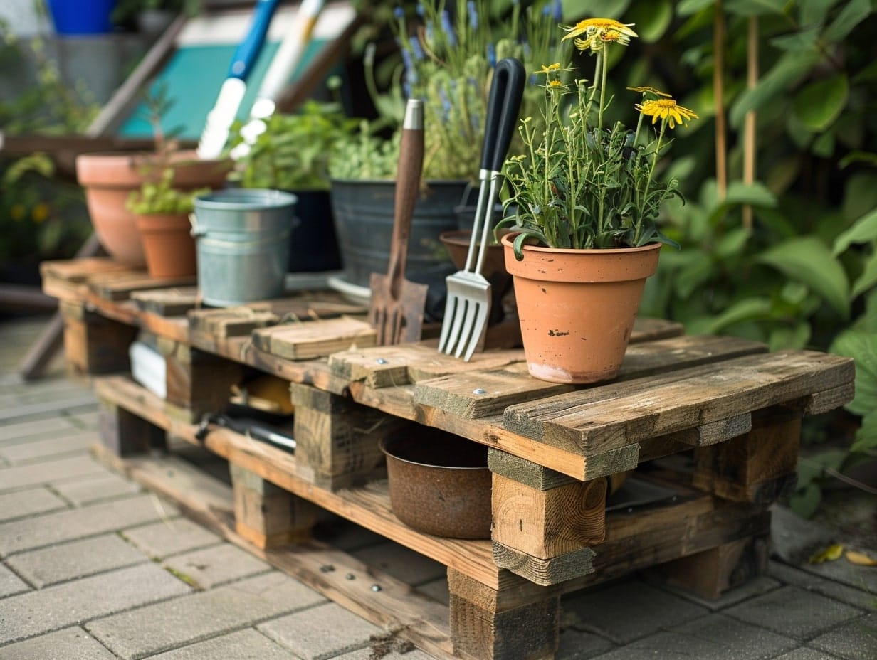 A pallet doubling up as a handy bench for placing garden tools