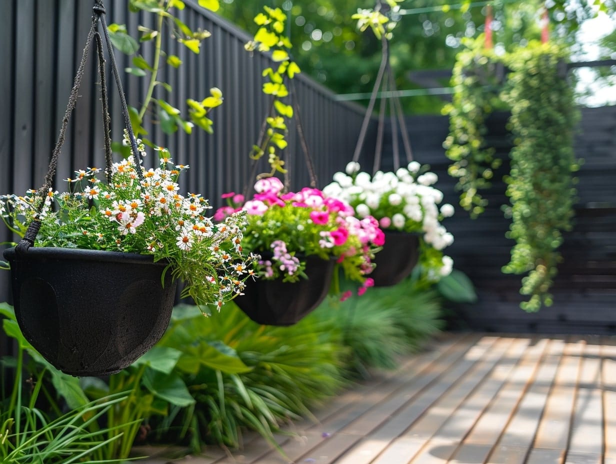 A garden with hanging baskets containing flowers