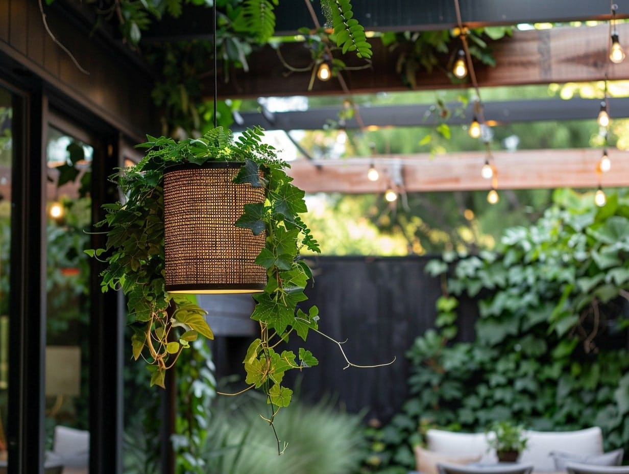 A hanging lamp decorated with climbing vines