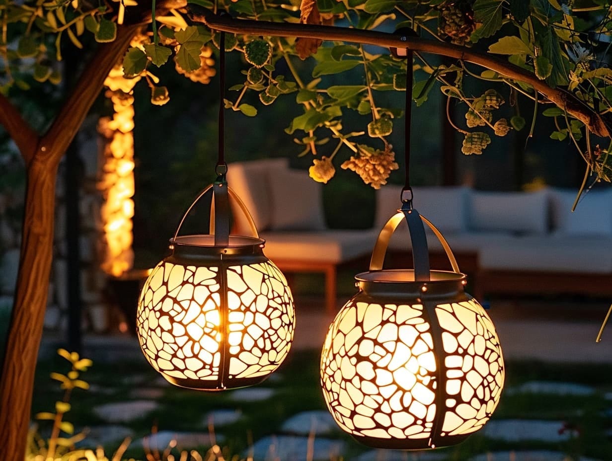 Two solar garden lanterns hanging from a garden tree